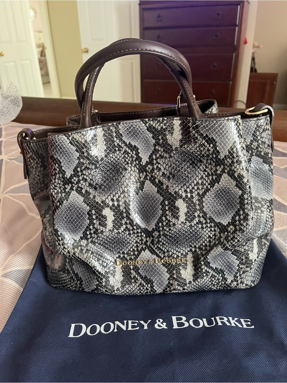Dooney & Bourke Black and Gray Snake-Print Leather Barlow Satchel